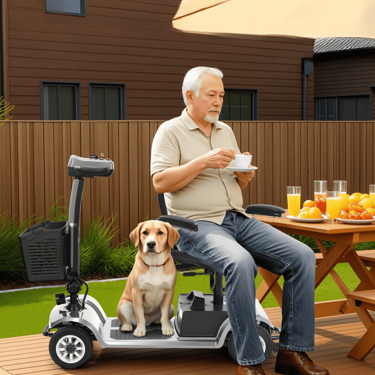Hombre mayor sentado en el scooter de movilidad SEEDREAM S-02 con un perro