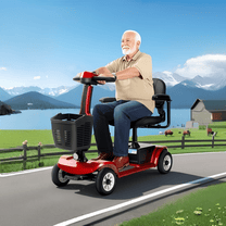 Hombre mayor sentado en el scooter de movilidad SEEDREAM S-02 junto a un lago