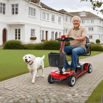 Hombre mayor sentado en el scooter de movilidad SEEDREAM S-02 con un perro