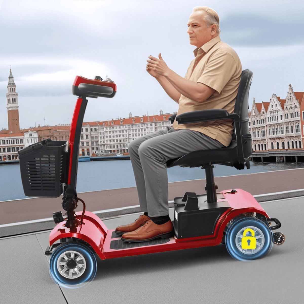 Hombre mayor sentado en el scooter de movilidad SEEDREAM S-02 en la ciudad