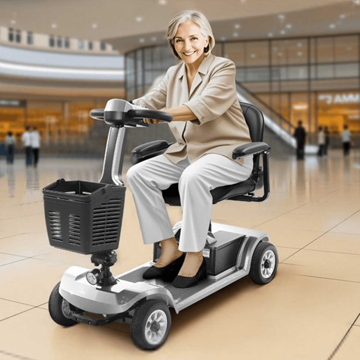 Mujer mayor sentada en el scooter de movilidad SEEDREAM S-02 en un centro comercial