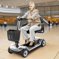 Mujer mayor sentada en el scooter de movilidad SEEDREAM S-02 en un centro comercial