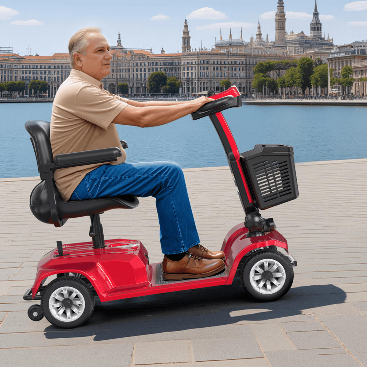 Hombre mayor sentado en el scooter de movilidad SEEDREAM X-02 en la ciudad