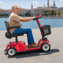 Hombre mayor sentado en el scooter de movilidad SEEDREAM X-02 en la ciudad