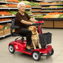 Mujer mayor sentada en el scooter de movilidad SEEDREAM X-02 con un perro
