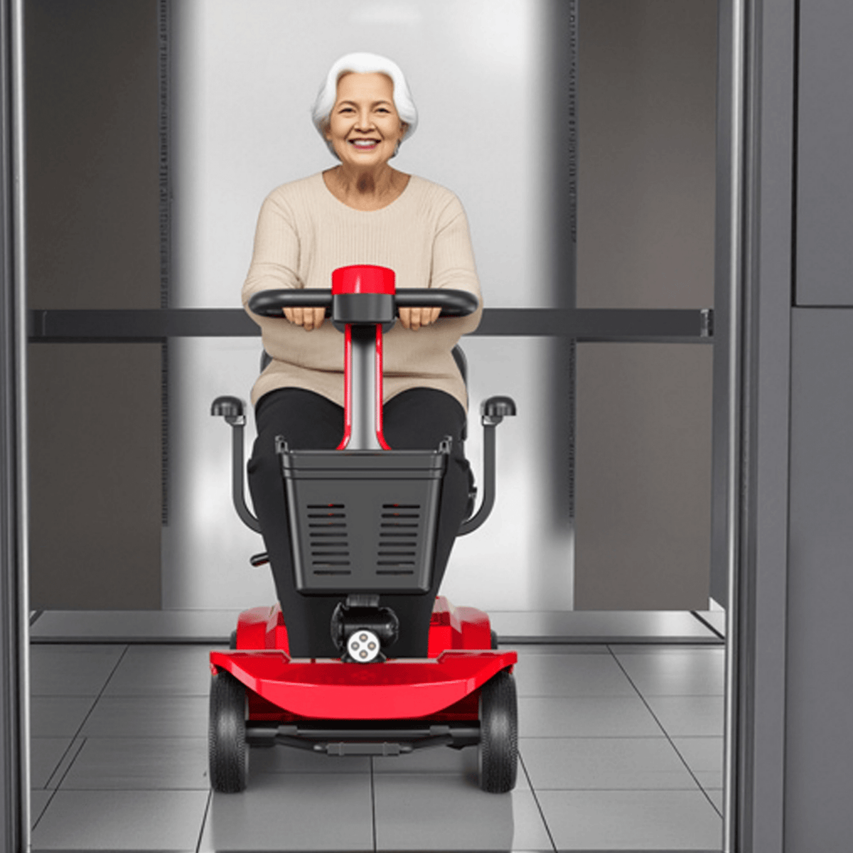 Mujer mayor sentada en el scooter de movilidad SEEDREAM X-02 en interior