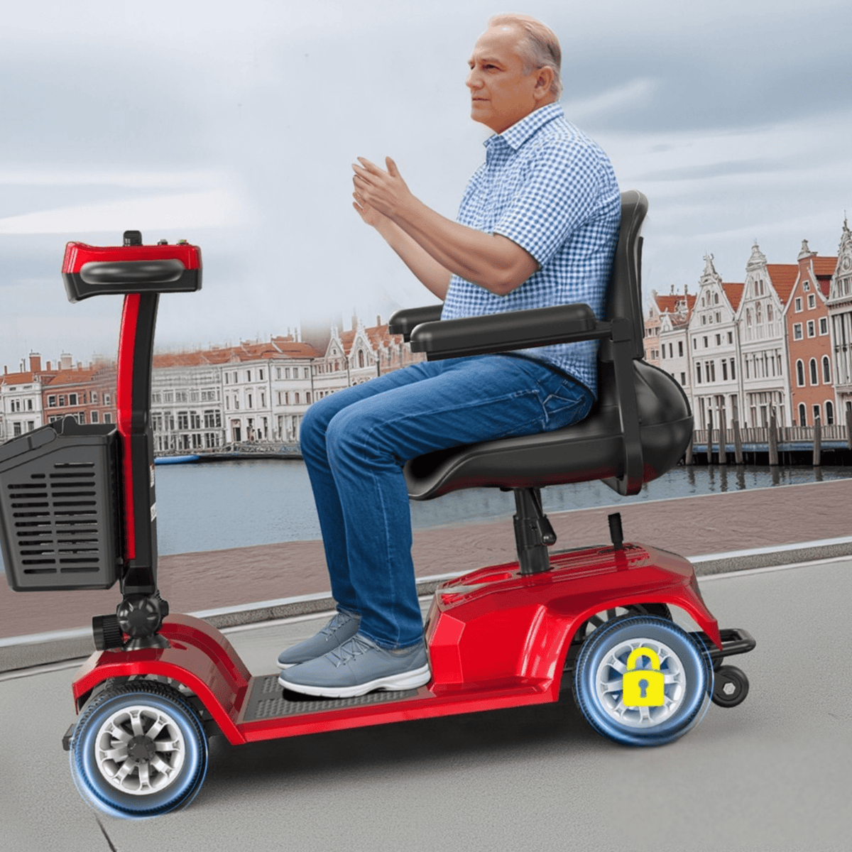Hombre mayor sentado en el scooter de movilidad SEEDREAM X-02 en la ciudad