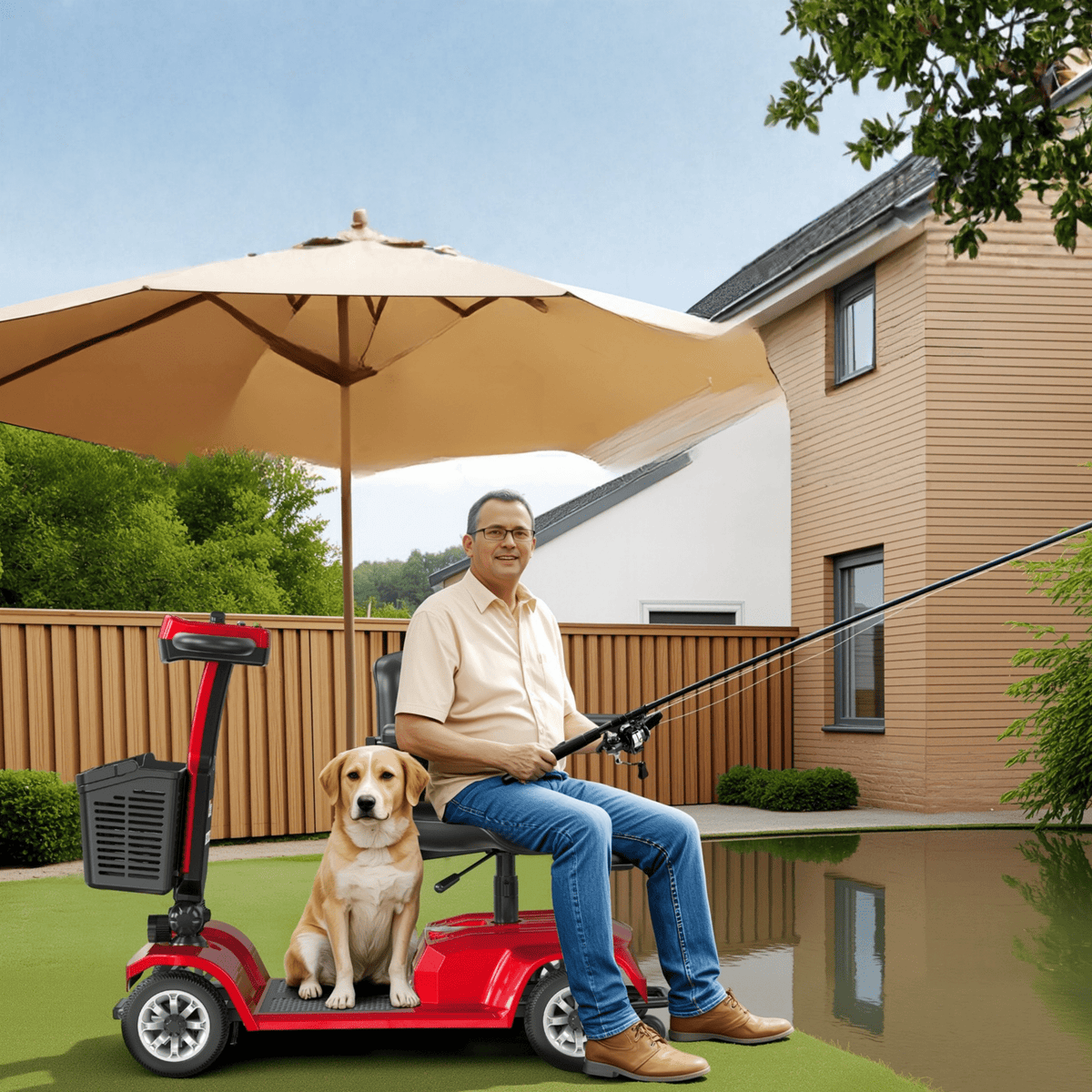 Hombre mayor sentado en el scooter de movilidad SEEDREAM X-02 con un perro