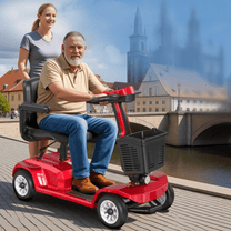 Hombre mayor sentado en el scooter de movilidad SEEDREAM X-02 en la ciudad