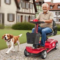 Hombre mayor sentado en el scooter de movilidad SEEDREAM X-02 con un perro