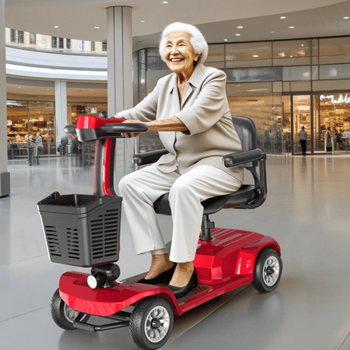 Mujer mayor sentada en el scooter de movilidad SEEDREAM X-02 en un centro comercial