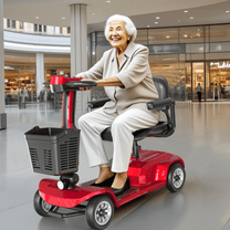 Mujer mayor sentada en el scooter de movilidad SEEDREAM X-02 en un centro comercial