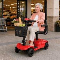 Mujer mayor sentada en el scooter de movilidad SEEDREAM X-02B Lucas en la ciudad