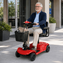 Hombre mayor sentado en el scooter de movilidad SEEDREAM X-02B Lucas en la ciudad