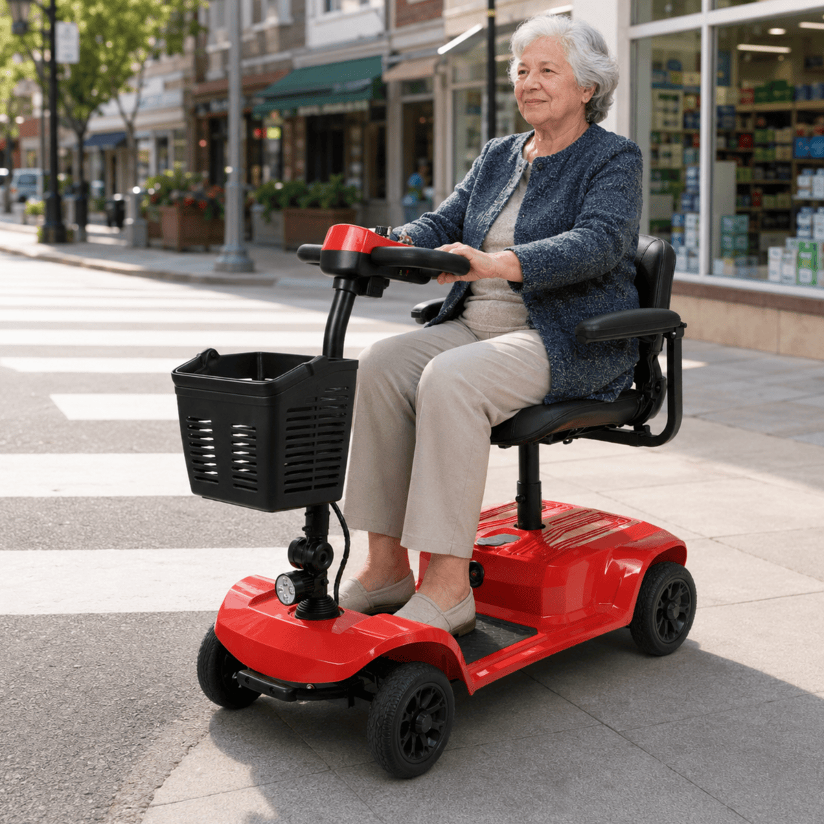 Mujer mayor sentada en el scooter de movilidad SEEDREAM X-02B Lucas en la ciudad
