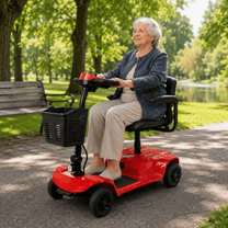 Mujer mayor sentada en el scooter de movilidad SEEDREAM X-02B Lucas en un parque