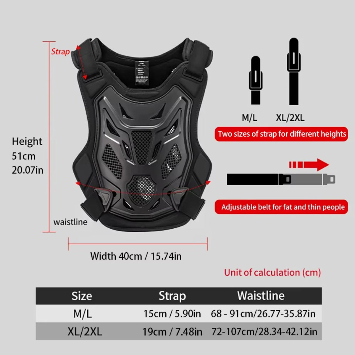 Guía de tallas: chaleco protector con protección de pecho y espalda