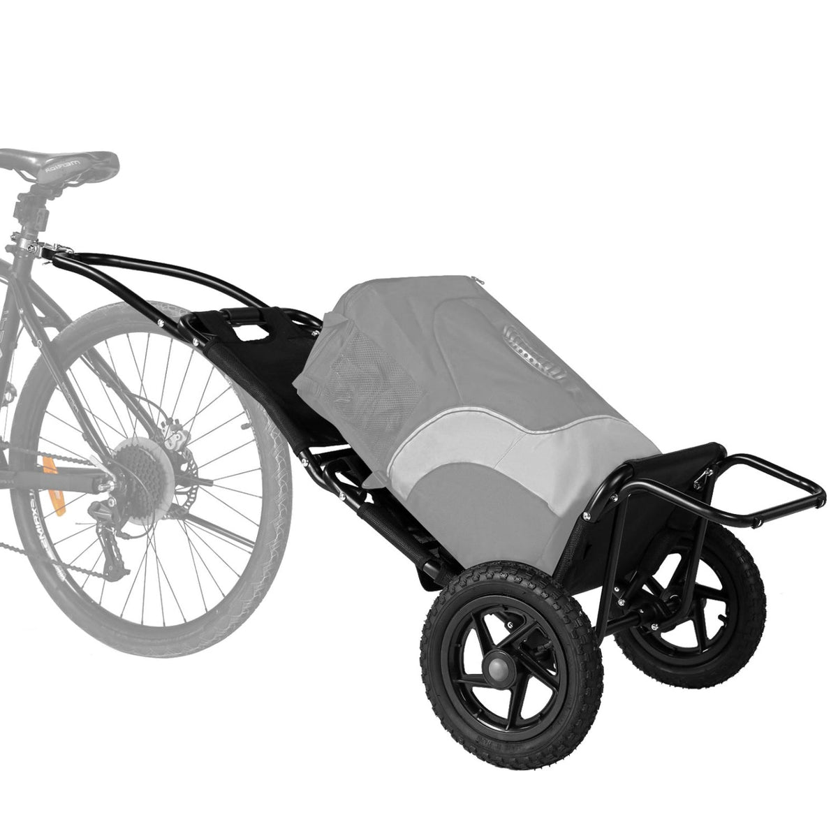 Remolque de carga Smart en negro visto de lado enganchado a una bicicleta