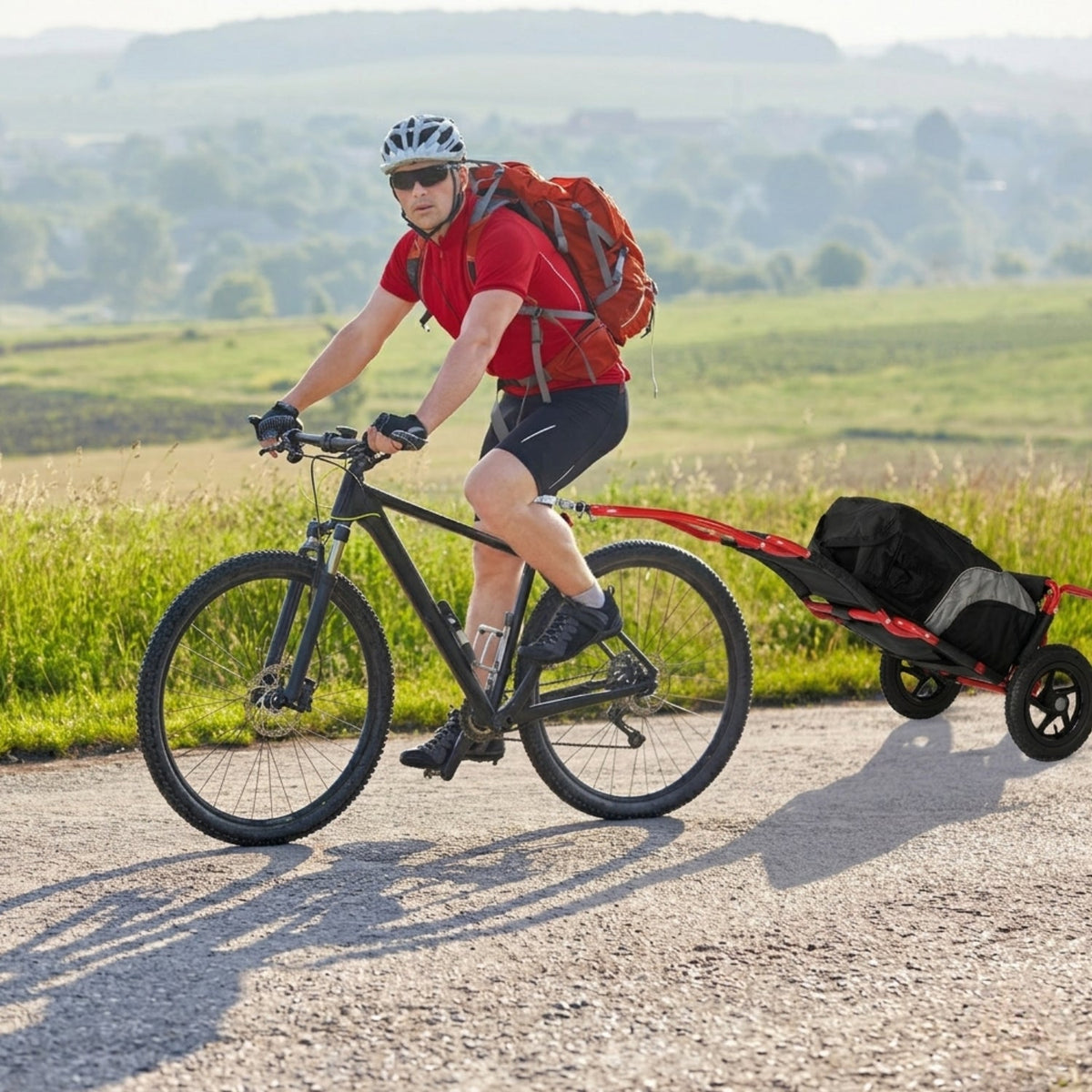 Persona en bicicleta remolcando el remolque de carga Smart por una carretera rural