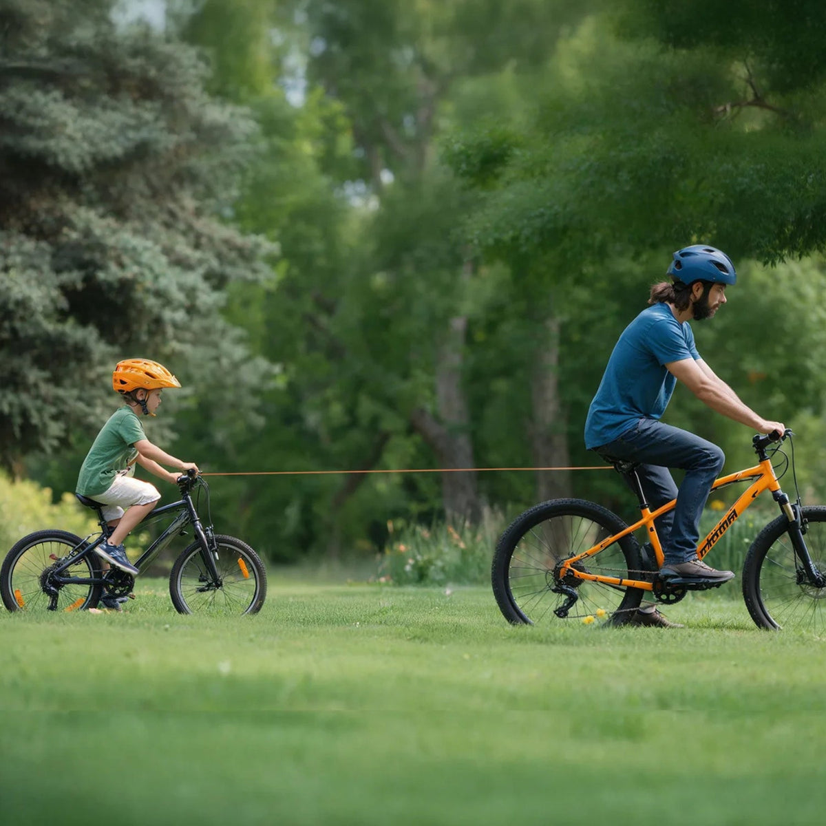 Cuerda de remolque retráctil inteligente con gancho para bicicleta remolcando una bicicleta infantil