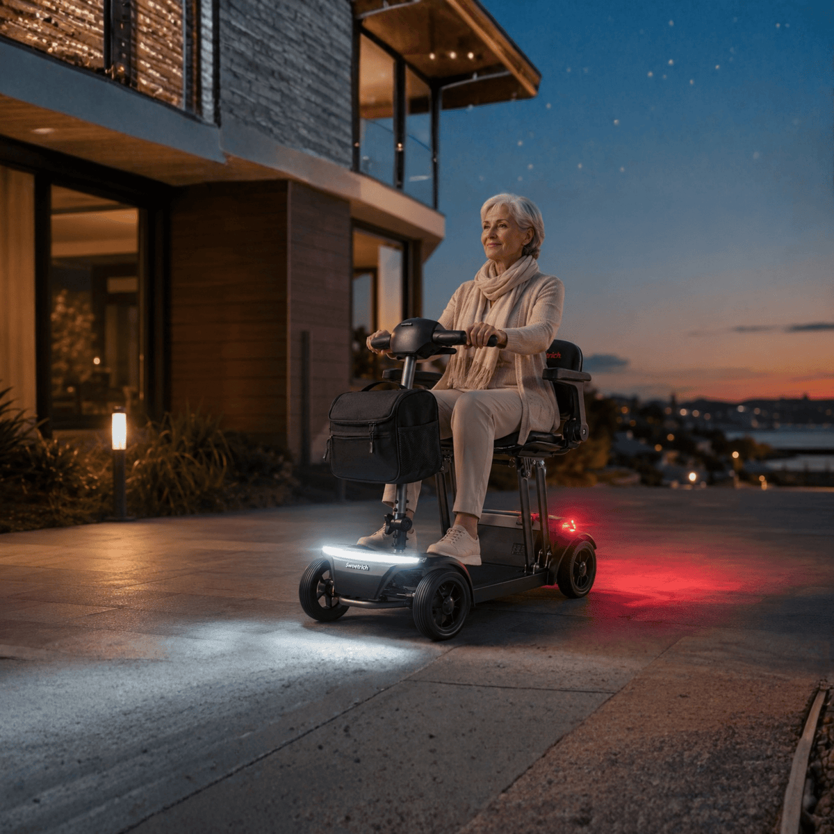 Mujer mayor sentada en el scooter de movilidad Sweetrich Air Traveller en un ambiente nocturno