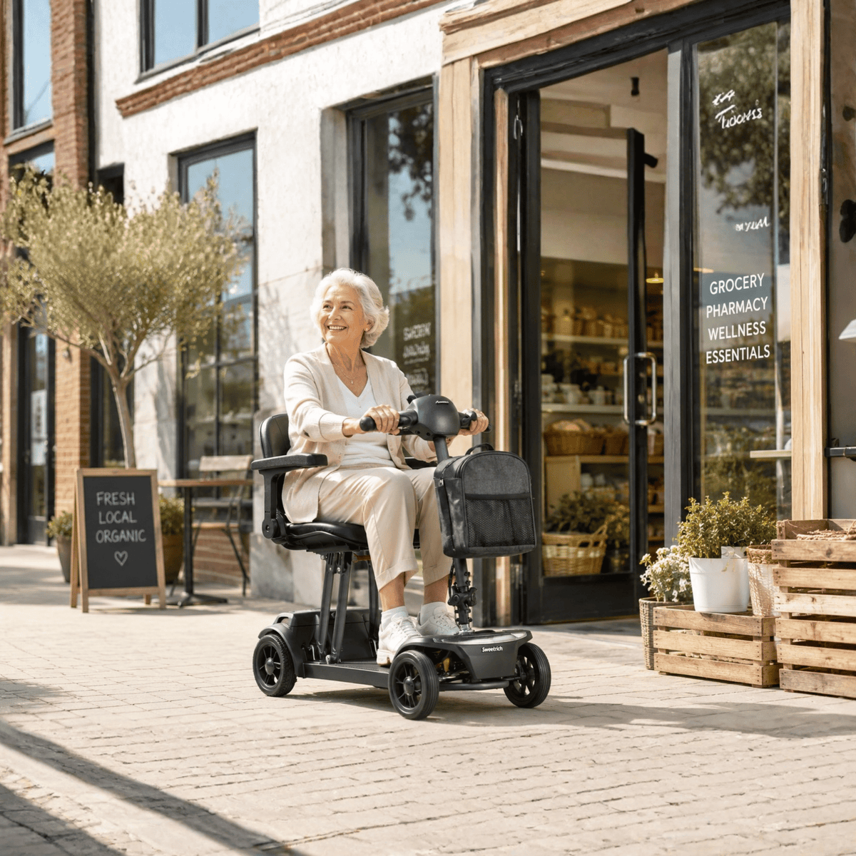 Mujer mayor sentada en el scooter de movilidad Sweetrich Air Traveller en la ciudad