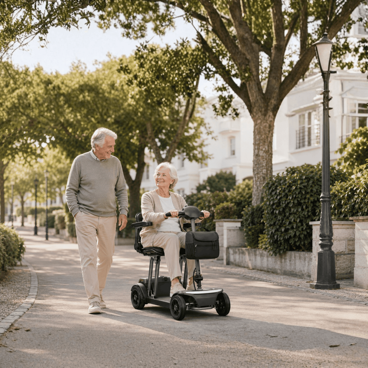 Mujer mayor sentada en el scooter de movilidad Sweetrich Air Traveller en la ciudad