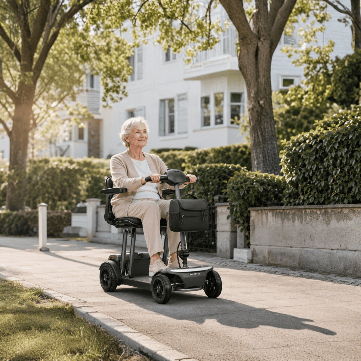 Mujer mayor sentada en el scooter de movilidad Sweetrich Air Traveller en la ciudad