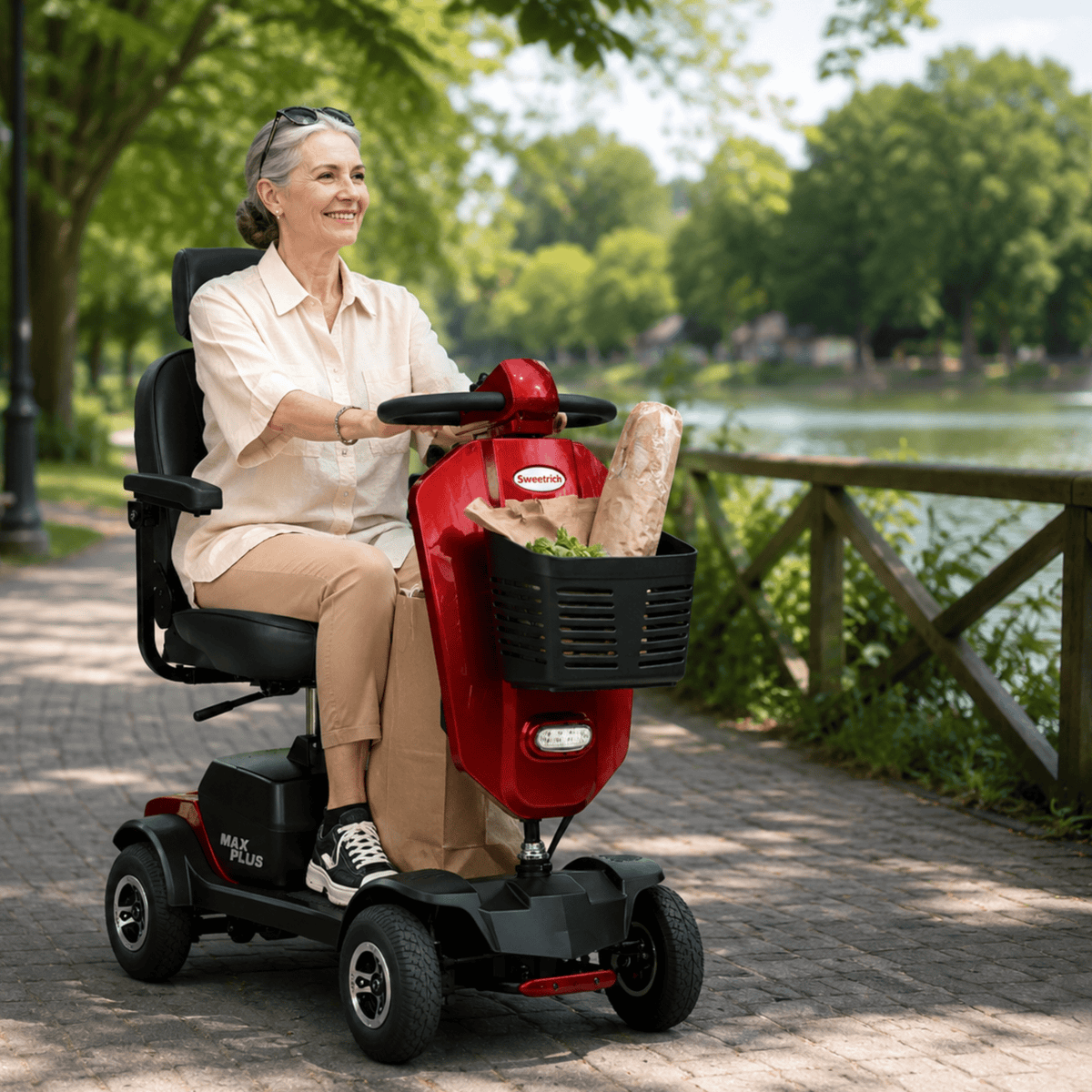 Mujer mayor sentada en el scooter de movilidad Sweetrich Max Plus junto a un lago