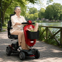 Mujer mayor sentada en el scooter de movilidad Sweetrich Max Plus junto a un lago