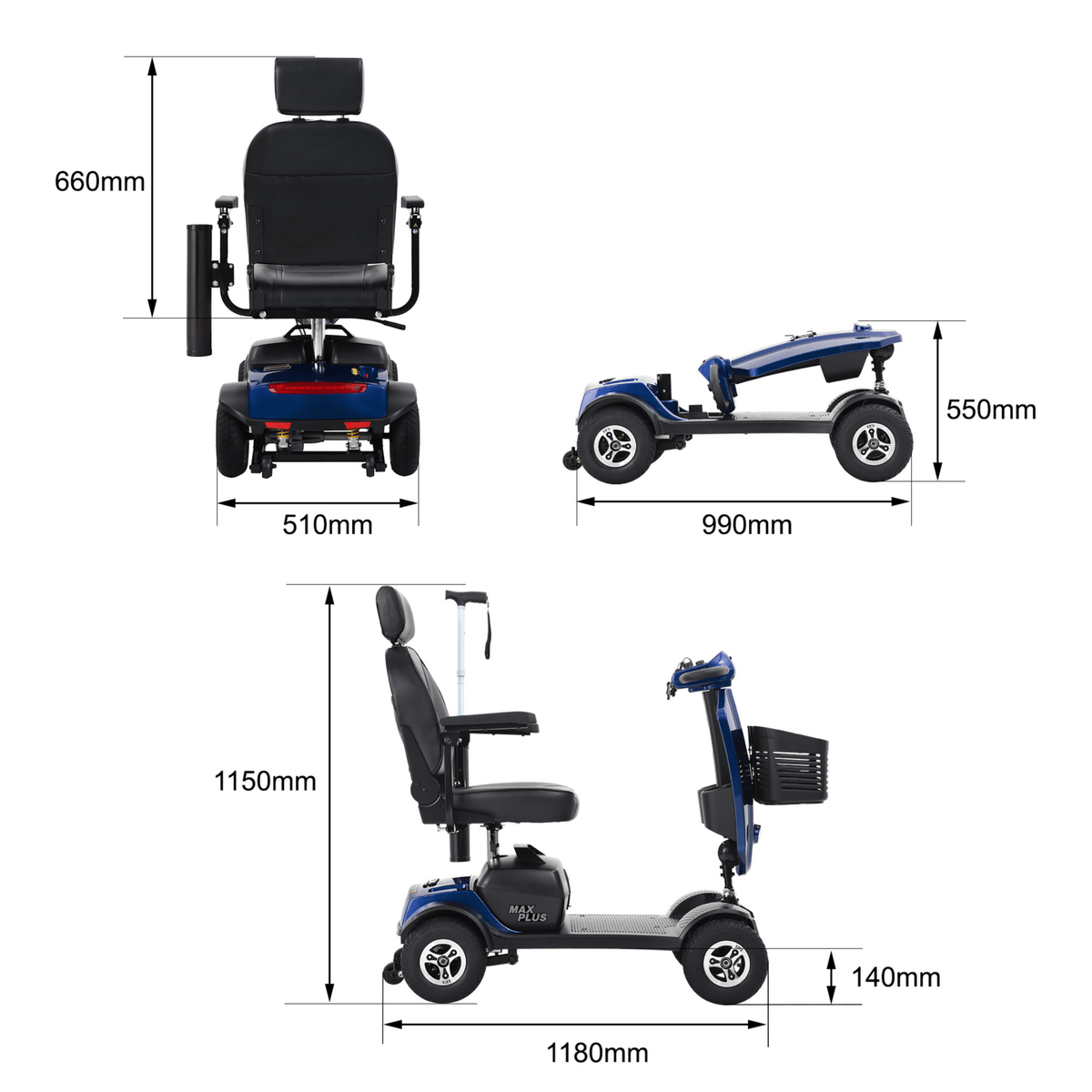 Dibujo con las medidas del scooter de movilidad Sweetrich Max Plus