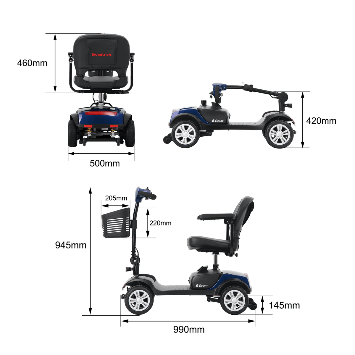 Dibujo con las medidas del scooter de movilidad Sweetrich S1 Sport