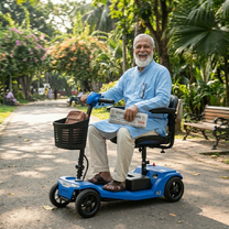 Hombre mayor sentado en el scooter de movilidad Sweetrich S2 en un parque