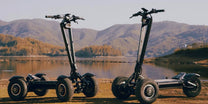 Patinete eléctrico TEVERUN TETRA en vista frontal en ángulo junto a un lago