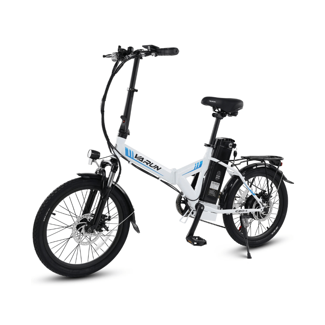 Bicicleta eléctrica plegable VARUN C20-1 Pro en vista frontal en ángulo en color blanco