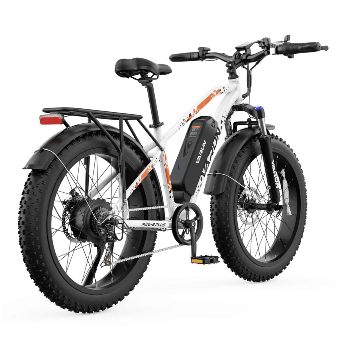 Bicicleta eléctrica fat bike VARUN M26-2 Plus vista en ángulo desde atrás en color blanco