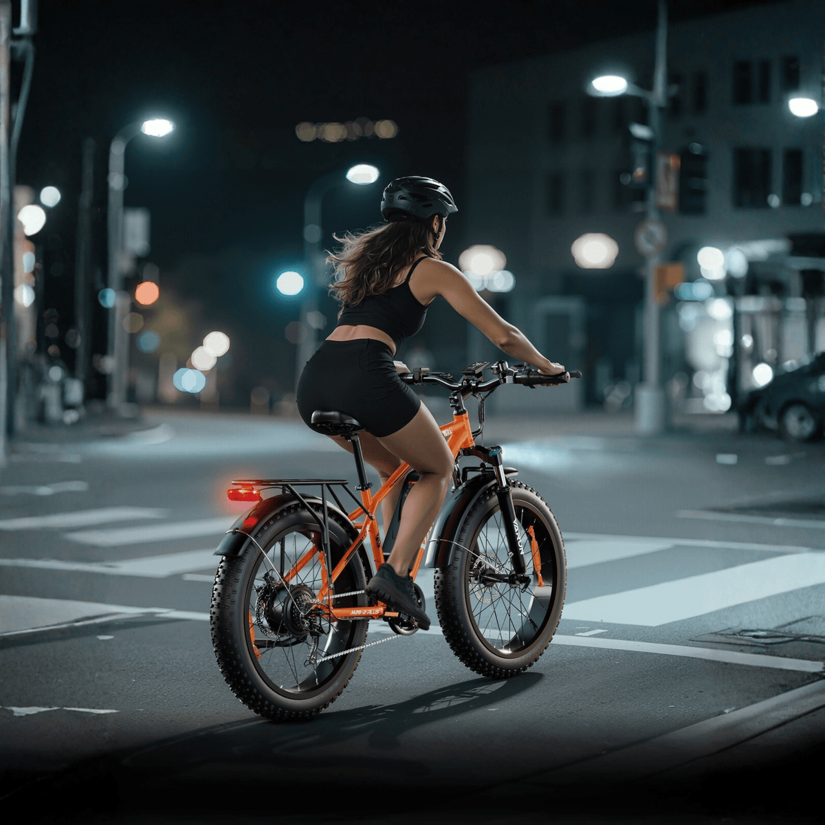 Mujer montando la bicicleta eléctrica fat bike VARUN M26-2 Plus en color naranja con casco en un ambiente nocturno