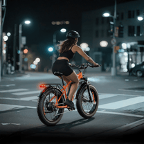 Mujer montando la bicicleta eléctrica fat bike VARUN M26-2 Plus en color naranja con casco en un ambiente nocturno