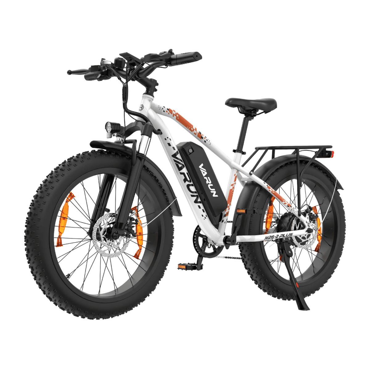 Bicicleta eléctrica fat bike VARUN M26-2 Plus en vista frontal en ángulo en color blanco