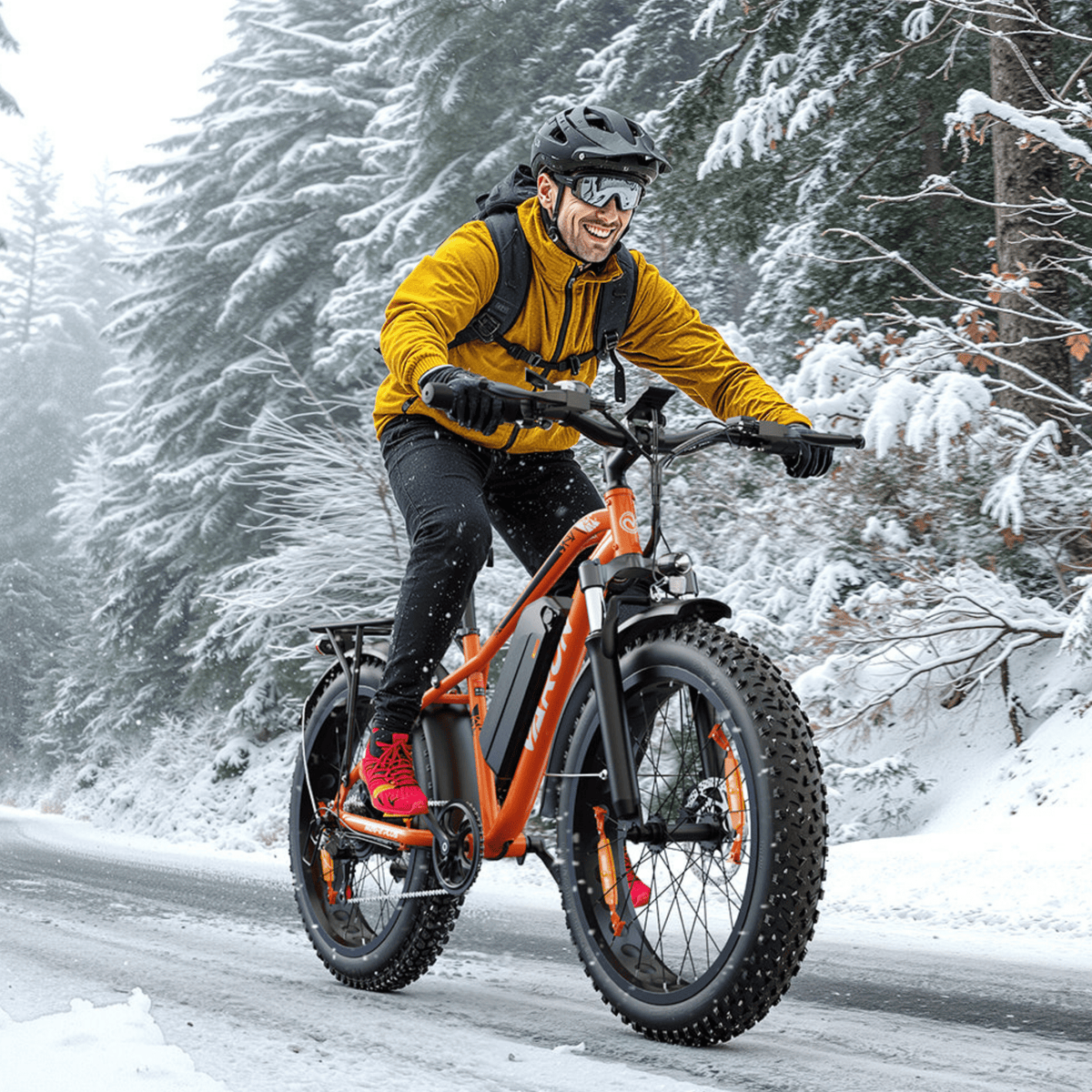 Hombre montando la bicicleta eléctrica fat bike VARUN M26-2 Plus en color naranja con casco en la nieve