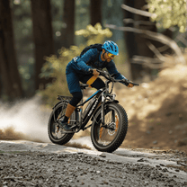 Piloto con la bicicleta eléctrica fat bike VARUN M26-2 Plus fuera de pista con casco en el bosque