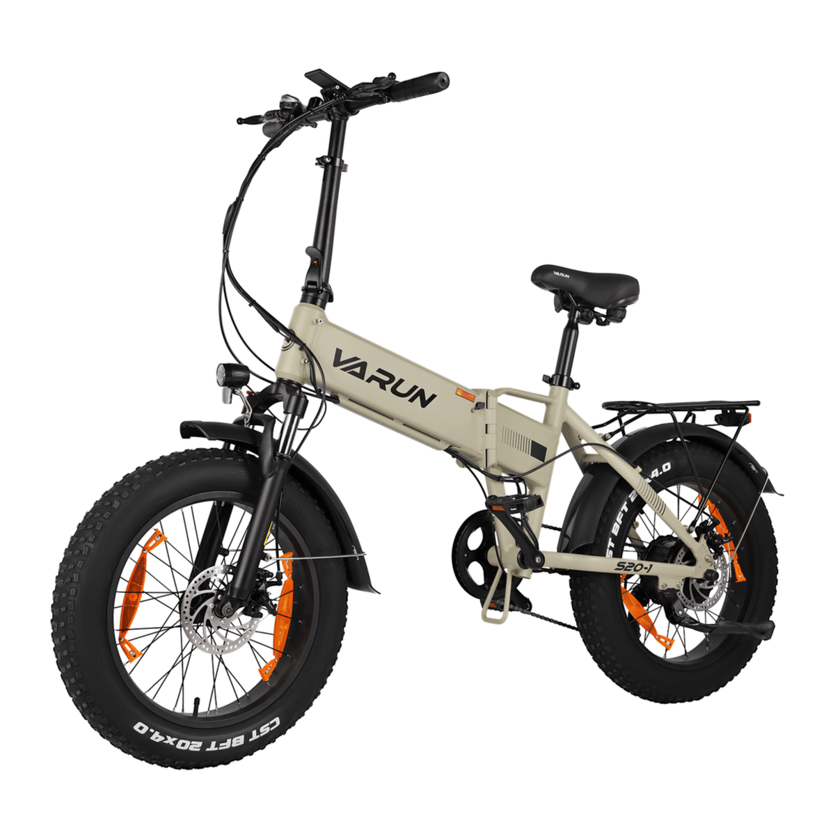 Bicicleta eléctrica plegable fat bike VARUN S20-1 en vista frontal en ángulo en color beige