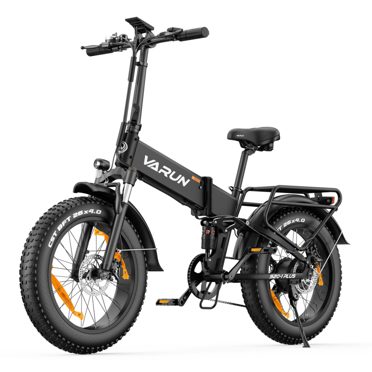Bicicleta eléctrica plegable fat bike VARUN S20-1 Plus en vista frontal en ángulo en color negro