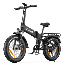 Bicicleta eléctrica plegable fat bike VARUN S20-1 Plus en vista frontal en ángulo en color negro