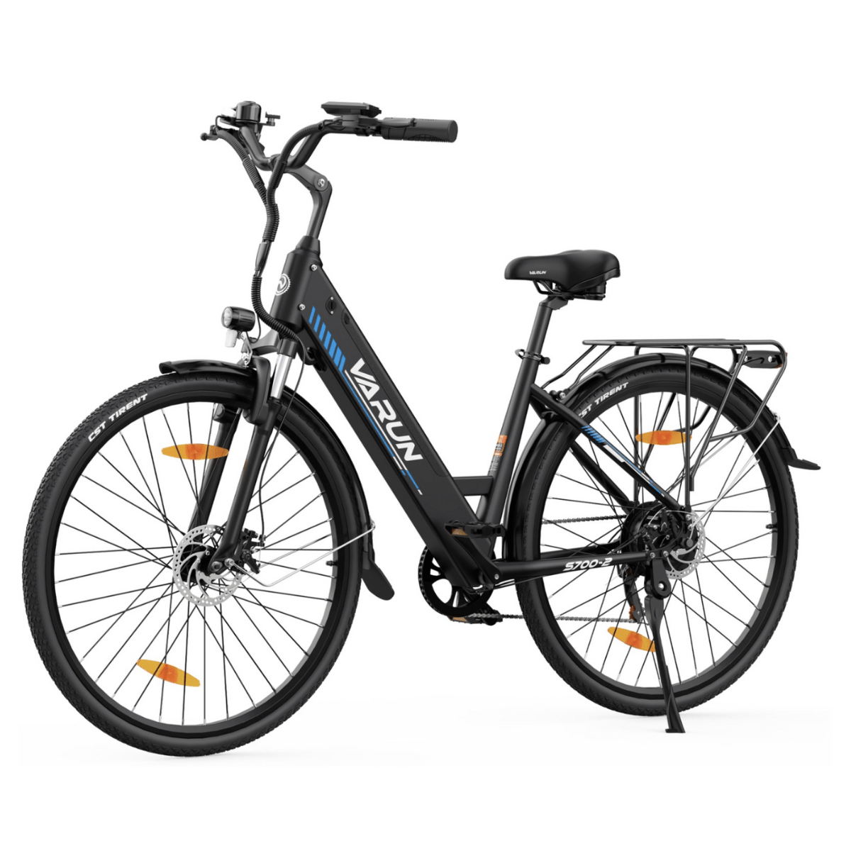 Bicicleta eléctrica VARUN S700-2 en vista frontal en ángulo en color negro