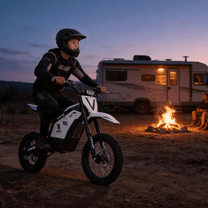 Moto cross eléctrica Vipcoo H2 con las luces encendidas en un ambiente nocturno