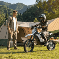 Persona de pie junto a la moto cross eléctrica Vipcoo H2 con un niño