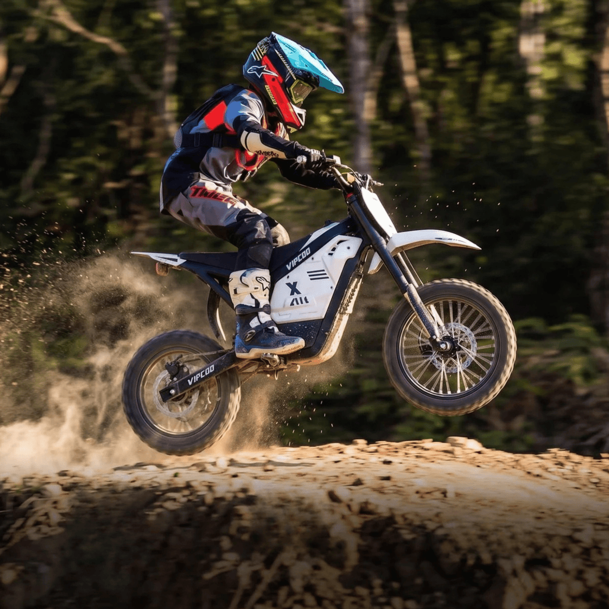 Piloto saltando con la moto cross eléctrica Vipcoo H2