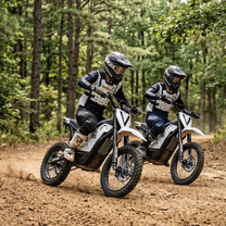 Piloto con la moto cross eléctrica Vipcoo H2 fuera de pista en el bosque