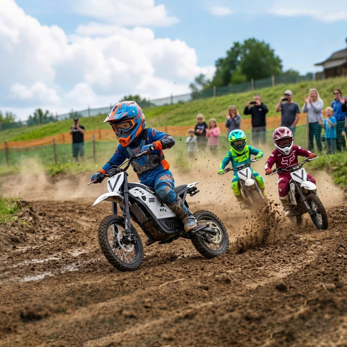 Piloto con la moto cross eléctrica Vipcoo H2 fuera de pista sobre el césped